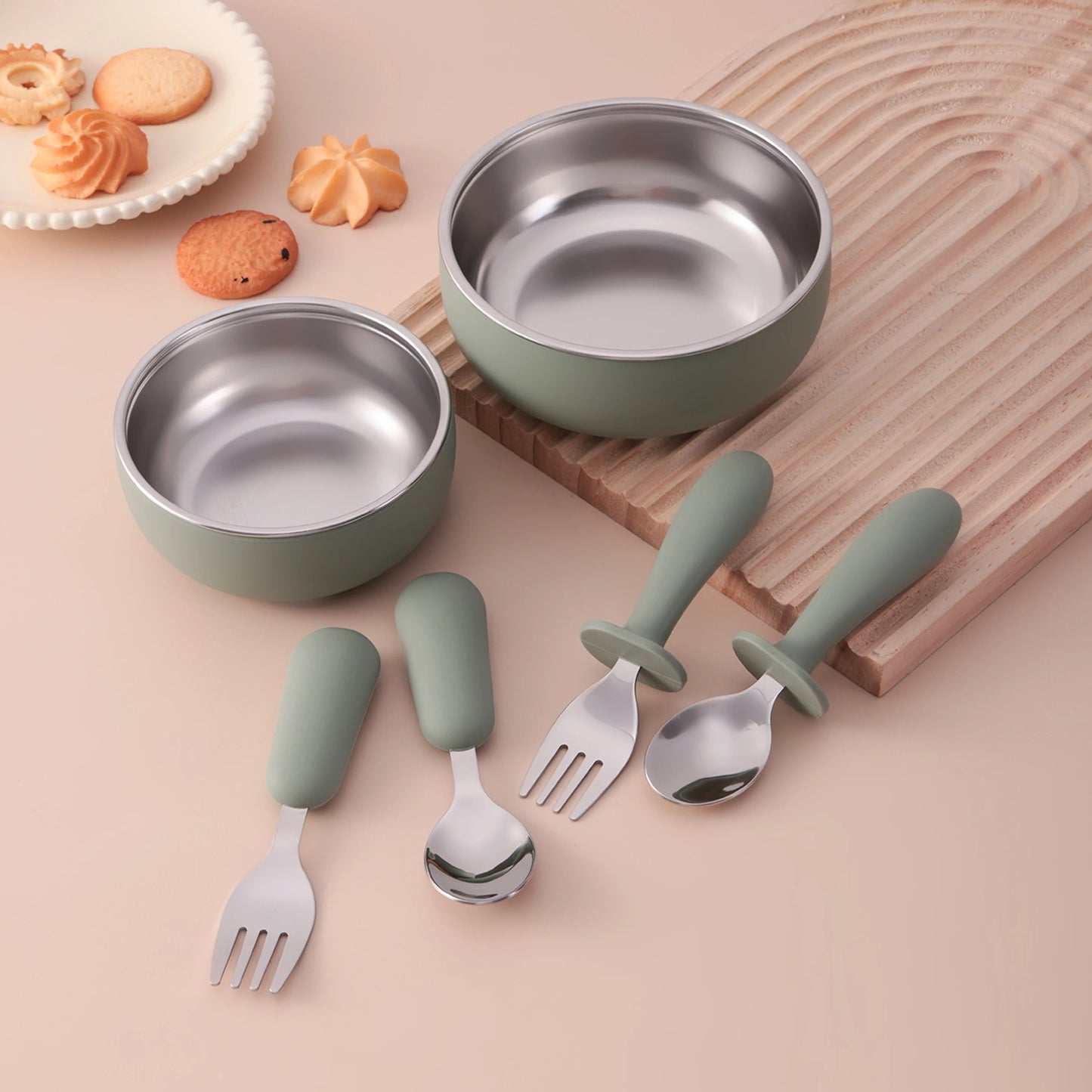 4PCS Stainless Steel & Silicone Baby Feeding Set Detachable Design Bowl BPA Free Infant Training Fork Spoon Weaning Tableware