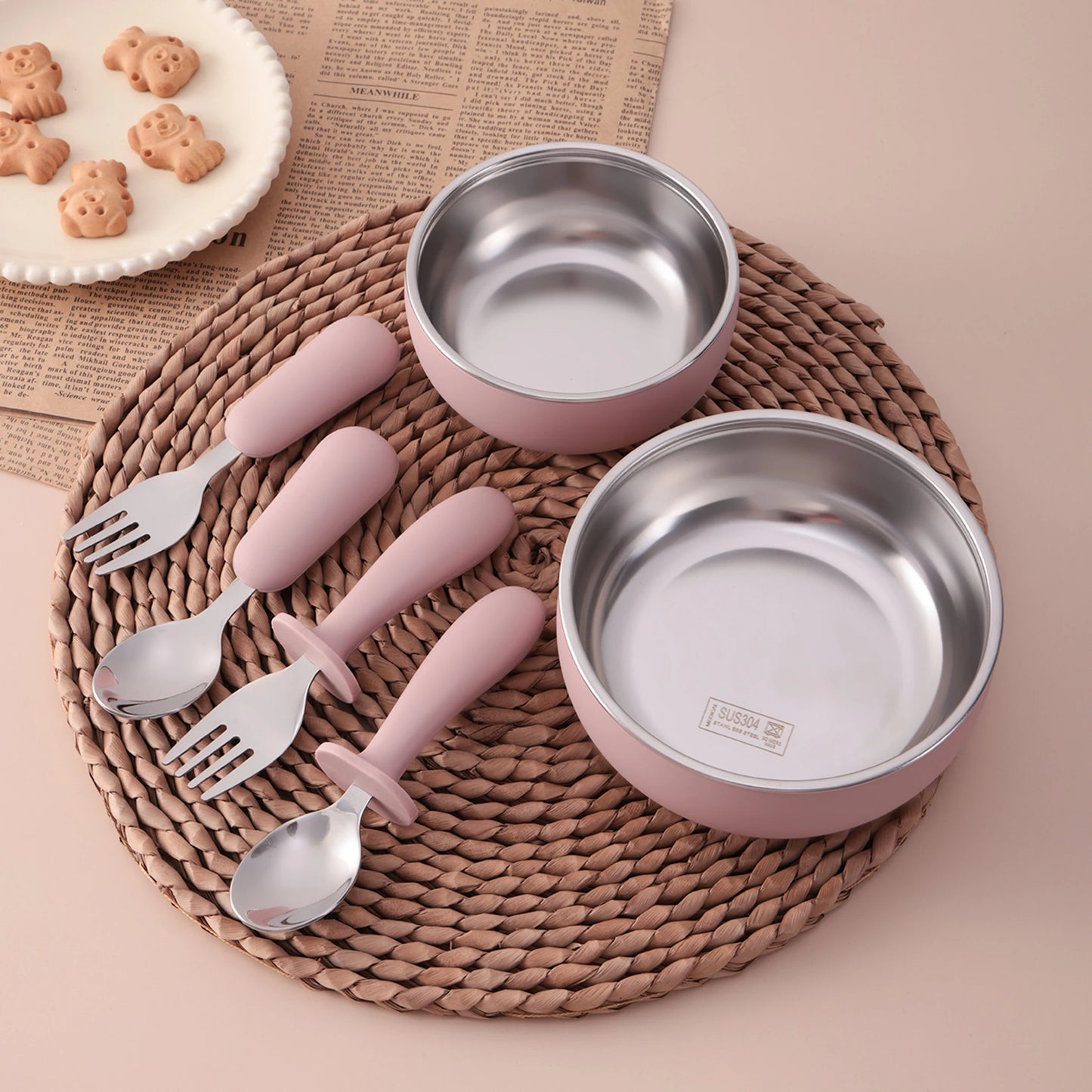4PCS Stainless Steel & Silicone Baby Feeding Set Detachable Design Bowl BPA Free Infant Training Fork Spoon Weaning Tableware