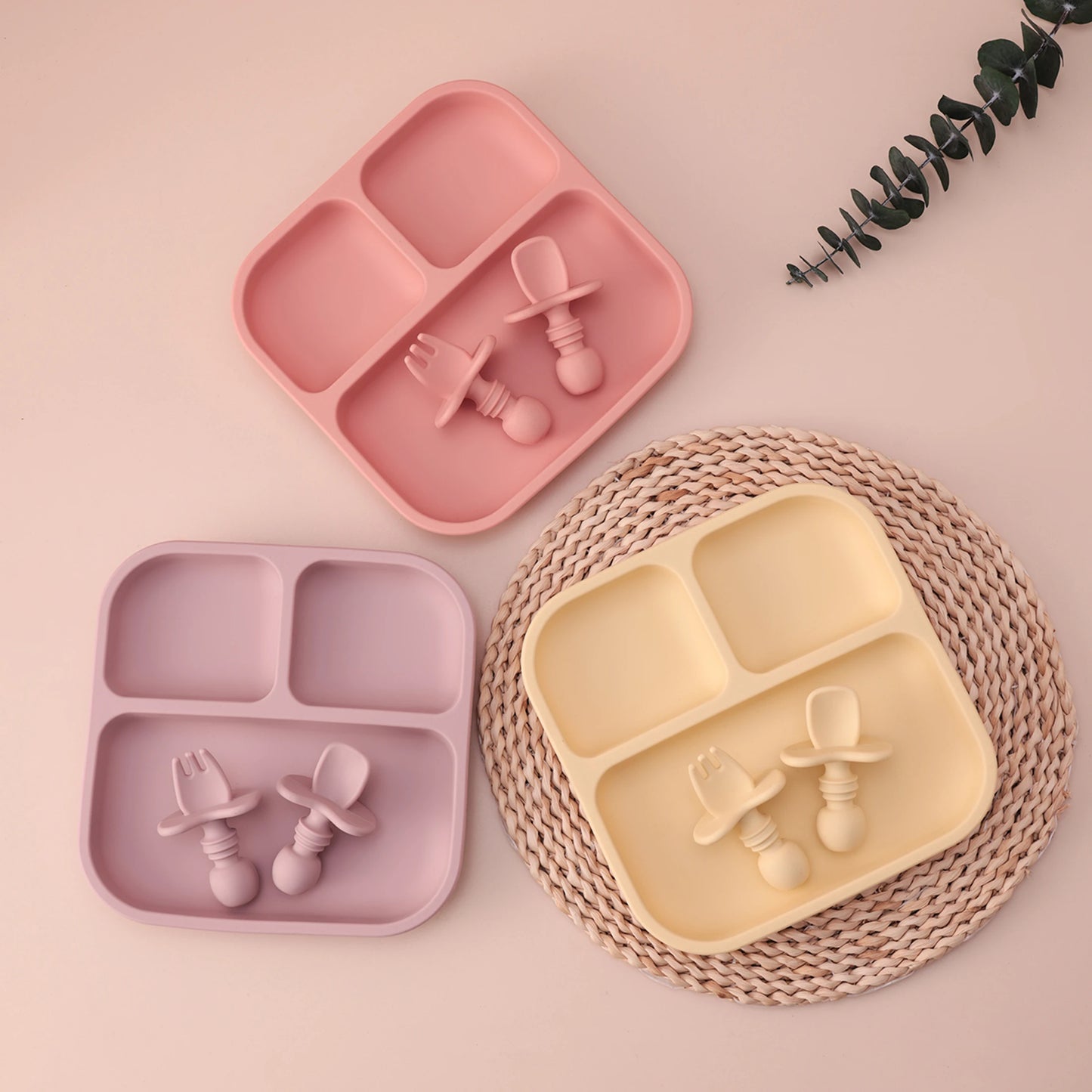 1Set BPA Free Silicone Baby Feeding Set Square Shape Suction Plates Training Fork Spoon For 0-6 Years Kids Weaning Tableware