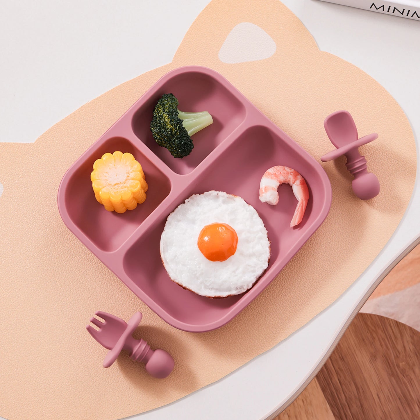 1Set BPA Free Silicone Baby Feeding Set Square Shape Suction Plates Training Fork Spoon For 0-6 Years Kids Weaning Tableware