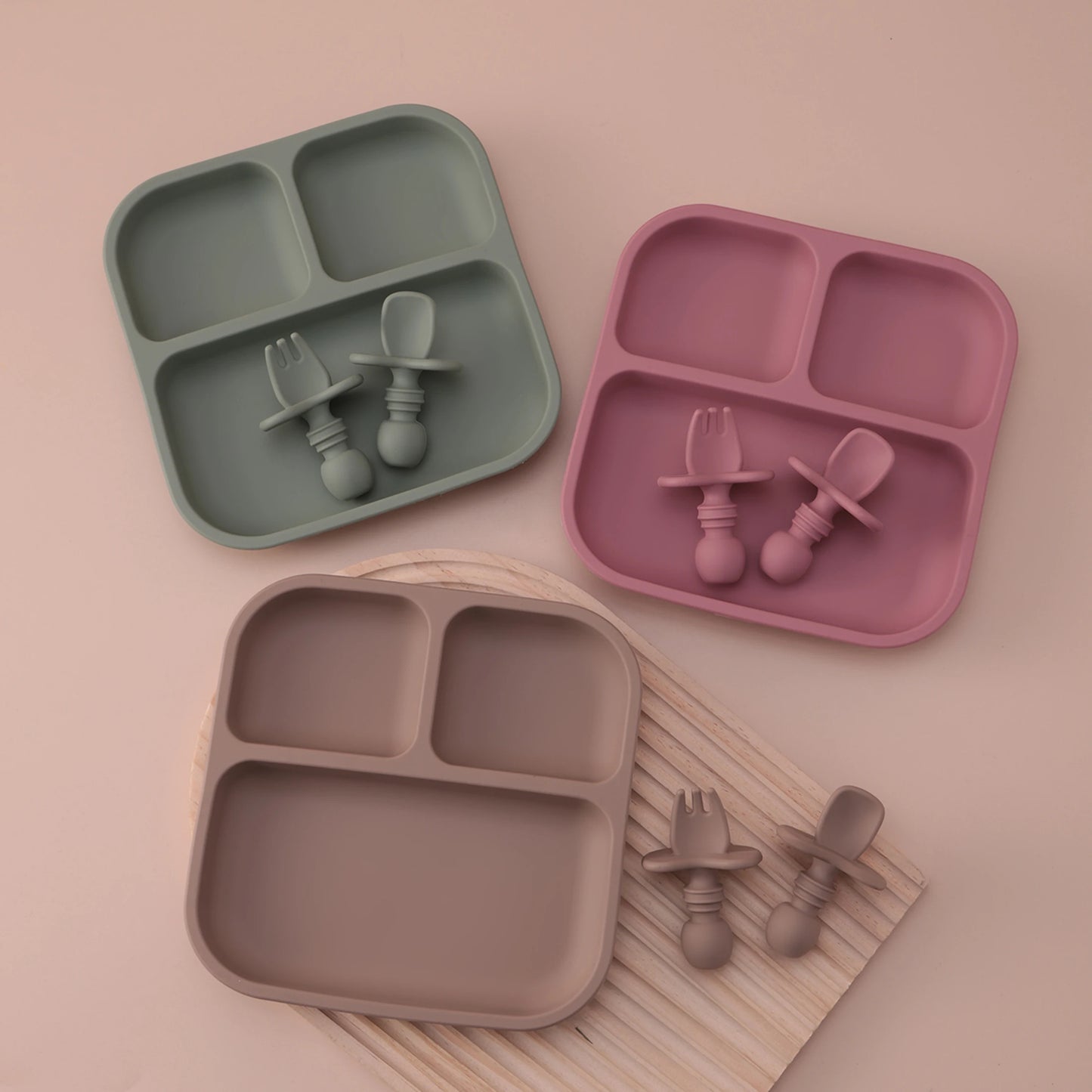 1Set BPA Free Silicone Baby Feeding Set Square Shape Suction Plates Training Fork Spoon For 0-6 Years Kids Weaning Tableware