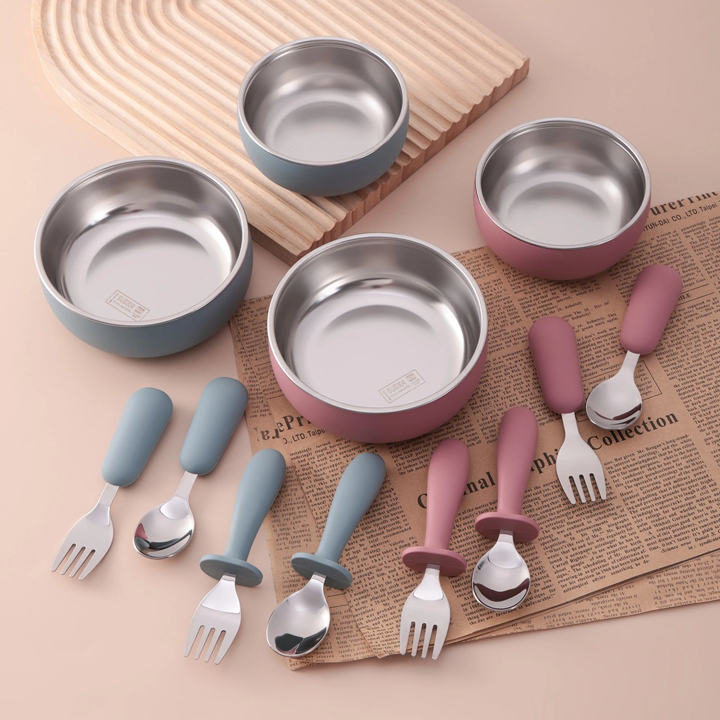 4PCS Stainless Steel & Silicone Baby Feeding Set Detachable Design Bowl BPA Free Infant Training Fork Spoon Weaning Tableware