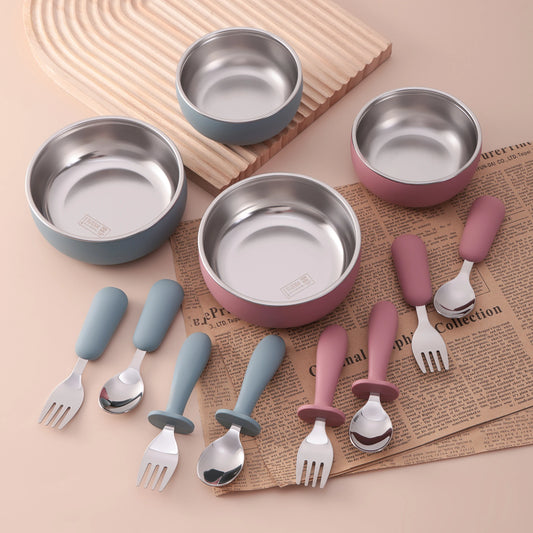4PCS Stainless Steel & Silicone Baby Feeding Set Detachable Design Bowl BPA Free Infant Training Fork Spoon Weaning Tableware