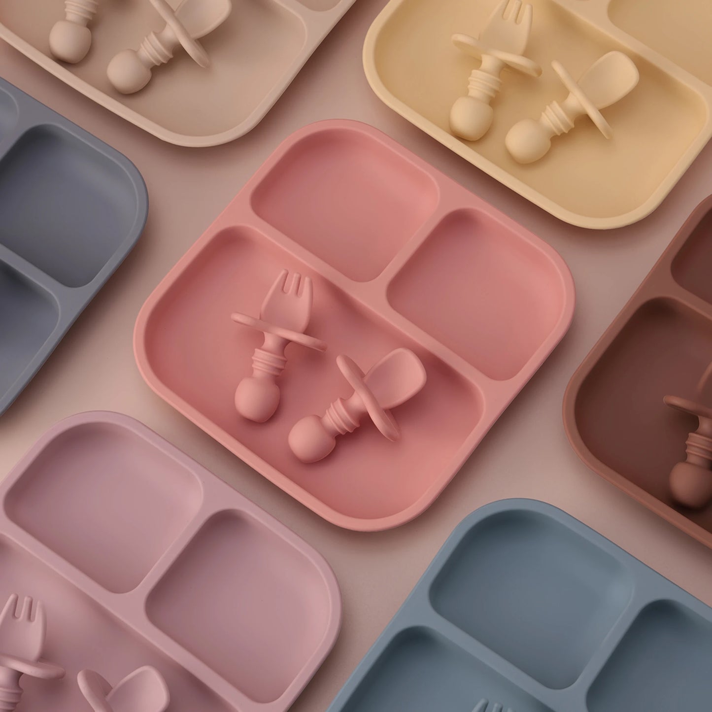1Set BPA Free Silicone Baby Feeding Set Square Shape Suction Plates Training Fork Spoon For 0-6 Years Kids Weaning Tableware