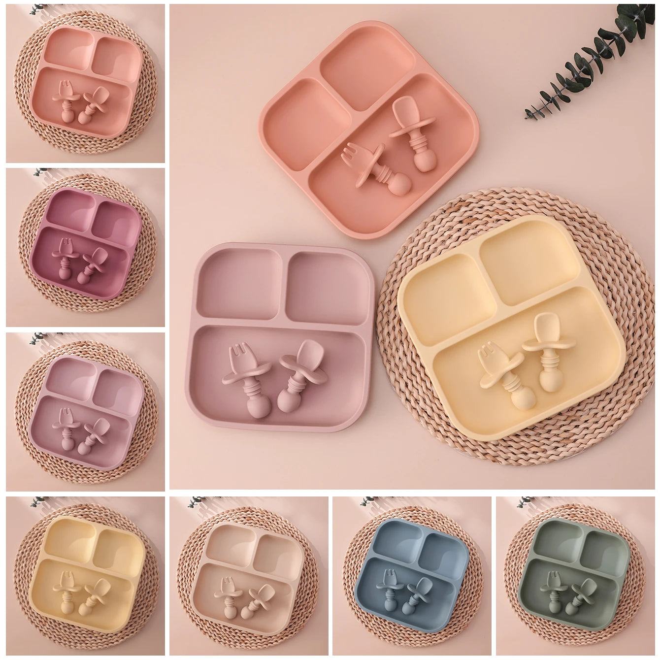 1Set BPA Free Silicone Baby Feeding Set Square Shape Suction Plates Training Fork Spoon For 0-6 Years Kids Weaning Tableware