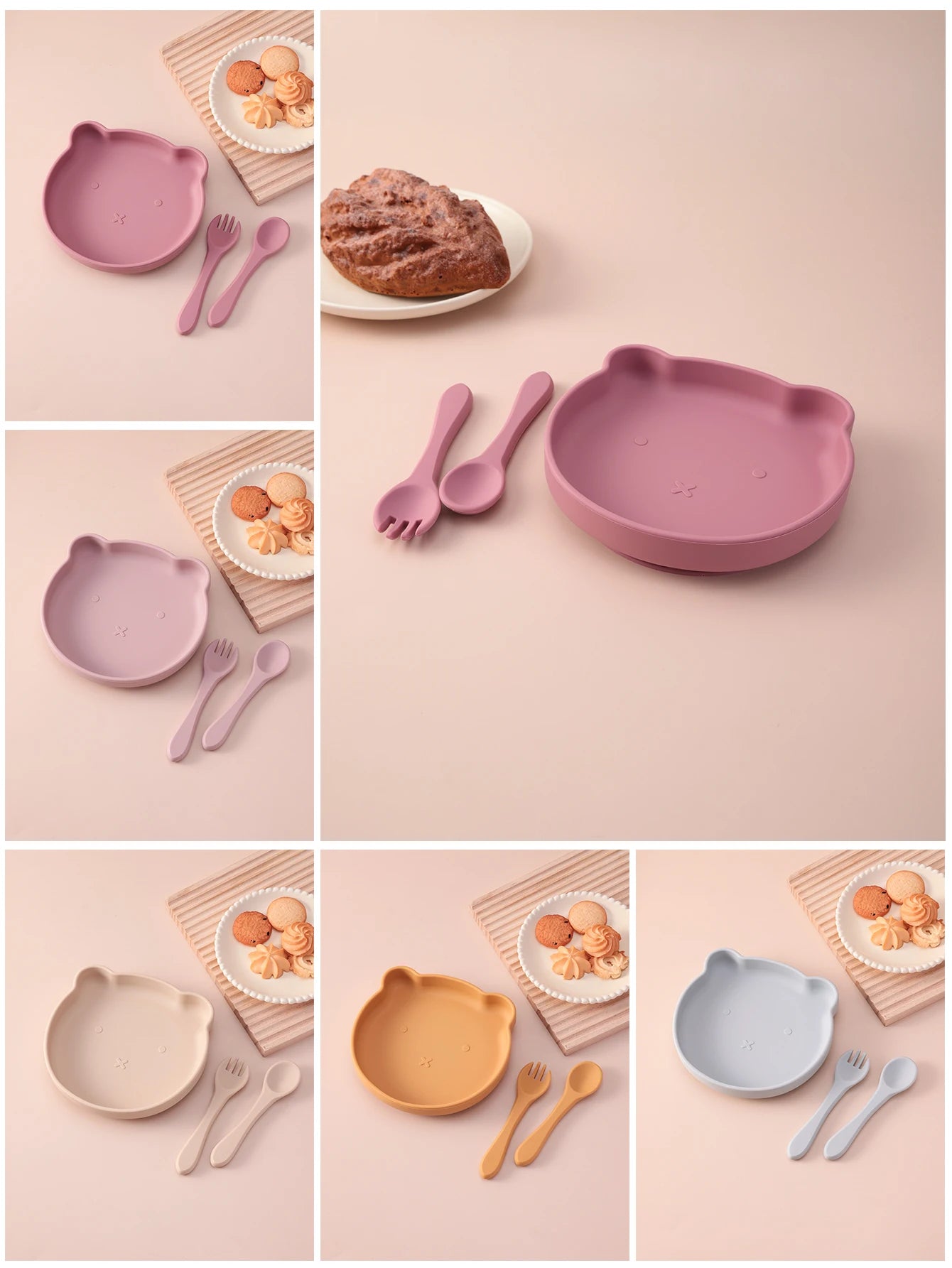 3PCS Bear Silicone Baby Suction Bowls Plates Set With Spoon Fork Self Feeding Weaning Tableware BPA Free Kids Mealtime