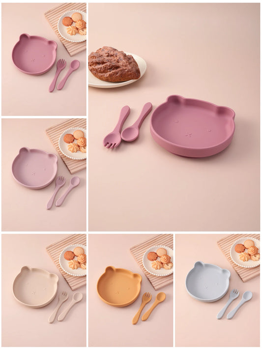 3PCS Bear Silicone Baby Suction Bowls Plates Set With Spoon Fork Self Feeding Weaning Tableware BPA Free Kids Mealtime