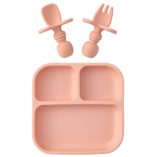 1Set BPA Free Silicone Baby Feeding Set Square Shape Suction Plates Training Fork Spoon For 0-6 Years Kids Weaning Tableware